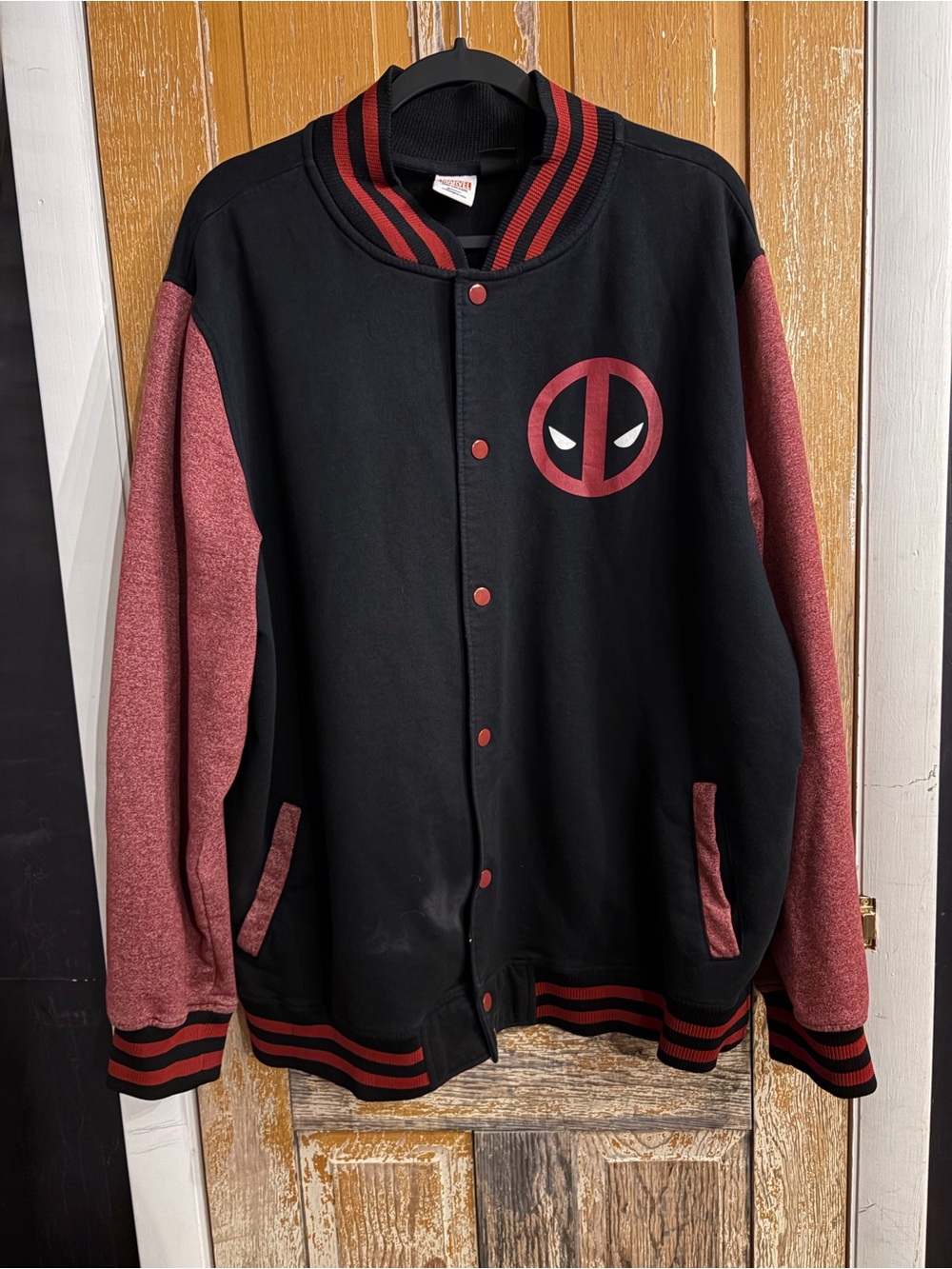 Marvel Deadpool Varsity Jacket Black Red Snap Front XXL 2XL Logo Bomber